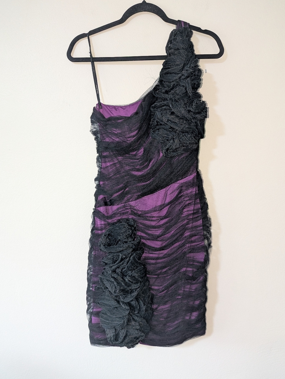 6 Tony Bowls Purple & Black Mesh Cocktail One Shoulder Dress